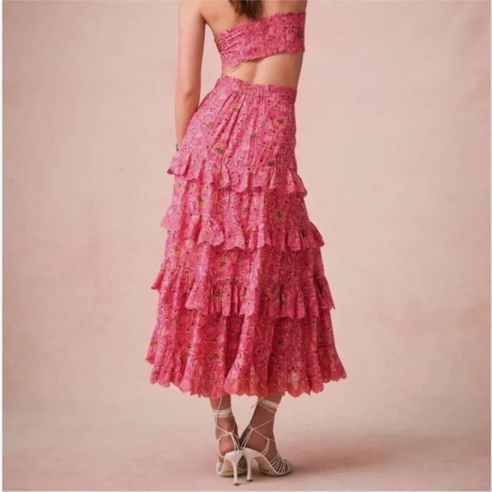 Caroline Constas- NWT Hot Pink Floral Scalloped Matching Tank and Midi Skirt Set